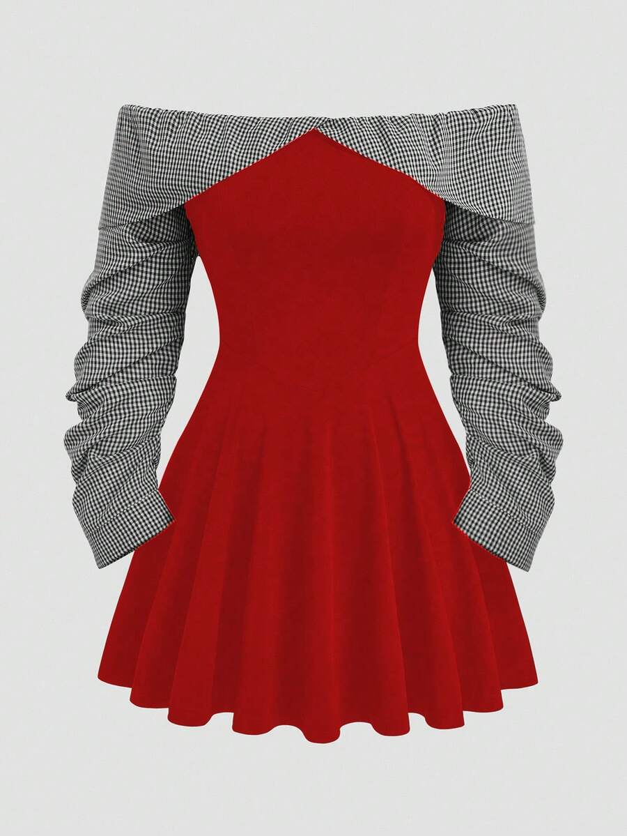 Sweetra Vestido elegante de talla grande con parches a cuadros y hombros descubiertos 2 en 1 - Rojo - Ver 1