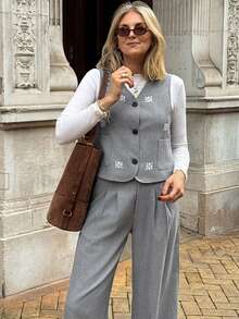 Vivie Lora Bộ 2 áo vest và quần in họa tiết dành cho nữ, màu xám - Xám - Xem 7