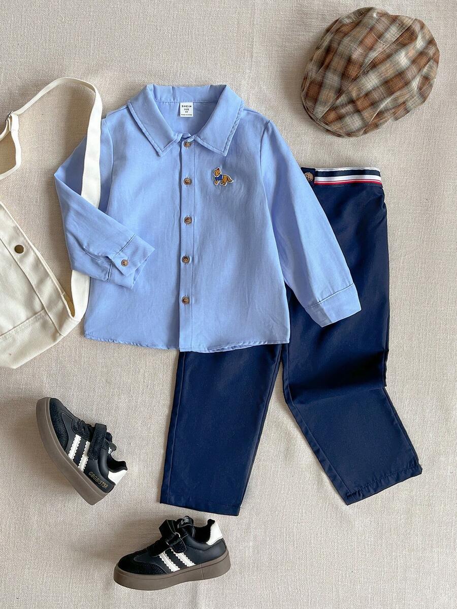 Joliand Joliand 2 pezzi Set di camicia a maniche lunghe con colletto azzurro chiaro e decorazione di cucciolo, e pantaloni blu navy, stile elegante scolastico casual urbano per ragazzi, adatto per uscite, raduni, ritorno a scuola, autunno/inverno - Multicolore - Visualizzare 1
