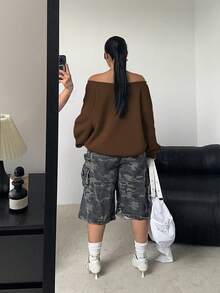 POPSWAY Sudadera casual de ajuste holgado con mangas largas, hombros asimétricos y forro térmico, talla grande - Marrón - Ver 2