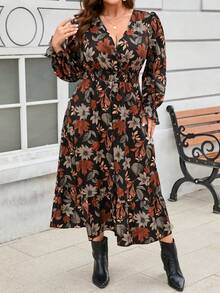 SHEIN LUNE CURVE Plus Size Vintage Leaf & Floral Print Waist Cinched Ruffle Hem Flattering Dress - Black - View 7