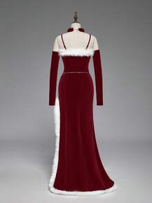 ROMWE Gothic Style Velvet Patchwork Fur Trim High Slit Fitted Dress - Burgundy - View 11