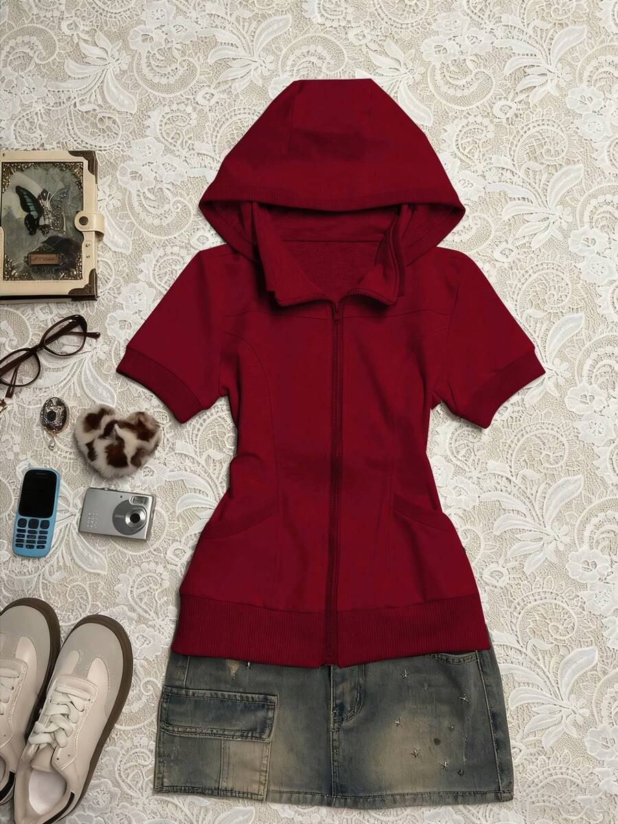 INAWLY Women's Floral Print Short Sleeve Drawstring Hooded Sweatshirt, Outdoor Sports Casual - Red - View 1