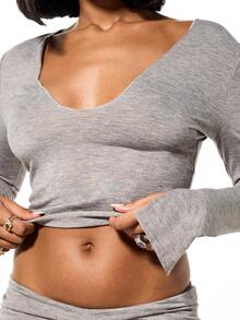 SUMWON WOMEN Heathered Notch Neck Long Sleeve Lounge Top Casual Comfort Winter Layering Essential Basic Pullover - Grey - View 6