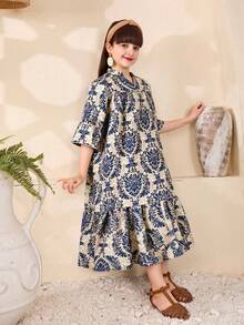 Tween Girls' Casual Allover Print Cutout Neck Vacation Dress,Holiday,Summer, Travel - Blue - View 4