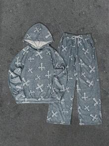 Rovax 女士宽松时尚街头服饰，仿牛仔印花，Y2k 女装，时尚，时尚女士两件套西装，街头十字印花连帽衫和直筒裤运动衫套装 - 彩色 - 查看 4