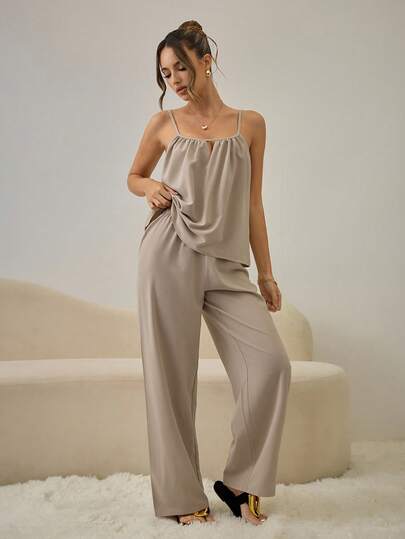 HautHeat Women's Solid Color Pleated Camisole And Pants Pajama Set