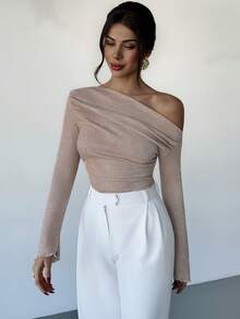 Firerie Áo thun dài tay cổ bẻ phối gân thời trang cho nữ, áo thun bất đối xứng, áo thun màu trơn, áo hở vai, áo hở vai, áo thun đa năng nhún bèo, phù hợp mặc mùa xuân, hè, thu, đông, thanh lịch, đi làm, thường ngày, hàng ngày, tối giản, công sở - Màu Khaki - Xem 7