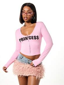 SUMWON WOMEN Top corto de manga larga con estampado de princesa, cierre delantero con cremallera y escote pronunciado para otoño e invierno - Rosa - Ver 1