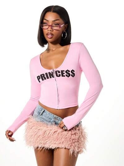 SUMWON Princess Graphic Long Sleeve Cropped Top With Front Zip Closure And Deep Scoop Neckline For Fall Winter