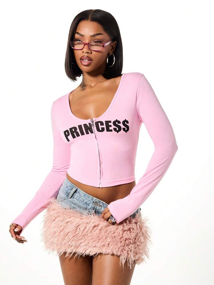 SUMWON WOMEN Princess Graphic Cropped Top With Front Zip