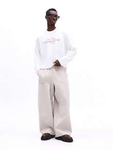 SUMWON 筒形修身套穿长裤，带口袋细节，阔腿设计，松紧腰带，休闲舒适，宽松版型，春夏米色 - 杏色 - 查看 3