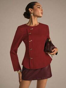 Modelyn Woven Non-Stretch Black Long Sleeve Metal Button Fitted Outdoor Blouse, Fashionable & Elegant For Women - Red - View 6
