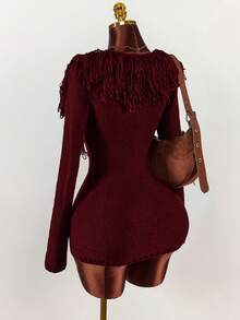 Amplova Damen gestricktes Fransen V-Ausschnitt Minikleid, sexy rotes Pulloverkleid geeignet für Neujahr, Valentinstag