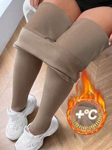 SHEIN EZwear Quần legging giữ nhiệt dày lót lông màu đen cỡ lớn cho mùa đông - Màu Khaki - Xem 1