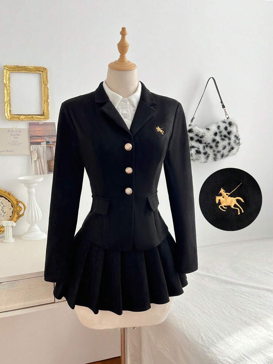 Elamini 复古学院风刺绣图案褶裥西装套装 - 黑色 - 查看 1