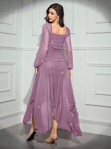 Modelyn Women's Solid Color Square Neck Mesh Patchwork Ruffle Long Sleeve Dress - Lilac Purple - View 2