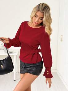 Chiquease Red Fashion Gold Button Cuff Side Tie Women Sweatshirt - Burgundy - View 3