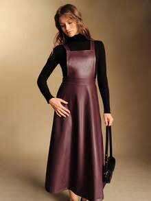 Écloséra French-Style,Burgundy,Autumn,Elegant,Work Elegant Fashionable Suspender PU Dress,Women's New Year's Casual Long Party Dress - Red - View 5