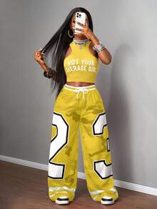 Slaydiva 2025新款夏季休闲性感运动风球衣圆领I字背心标语Logo白色字母印花截短红色背心+阔腿裤23号红色迷彩条纹印花梭织裤女士两件套-B - 黃色 - 查看 5