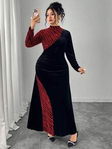 Modelyn 大码女式立领长袖丝绒拼接优雅派对连衣裙，秋冬款 - 彩色 - 查看 4
