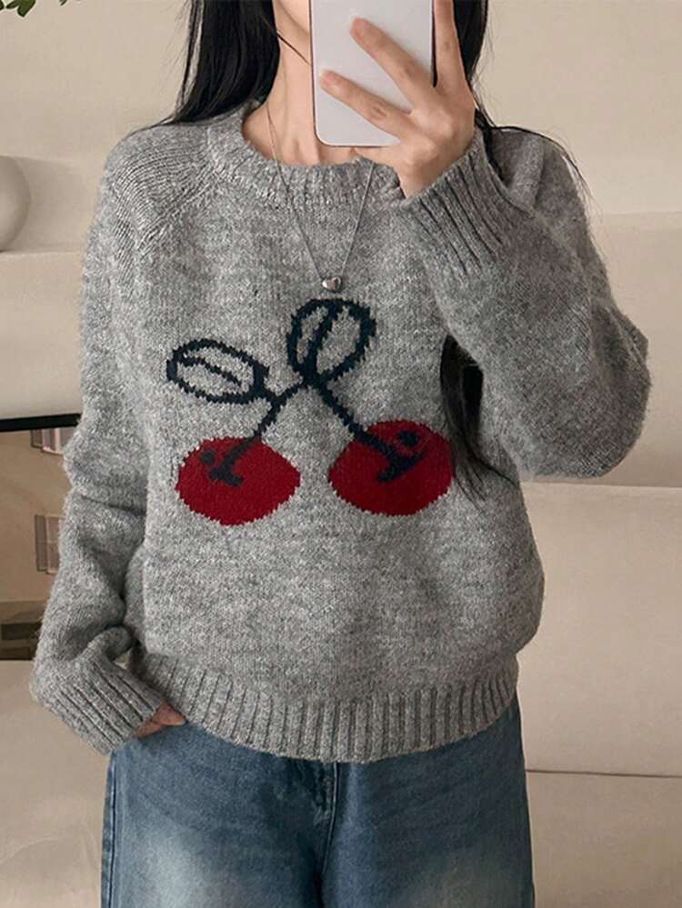 Women's Cherry Pattern Loose Fit Crew Neck Sweater