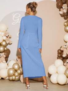 Loomaby Elegant Solid Color Long Knit Maternity Dress For Party - Blue - View 2