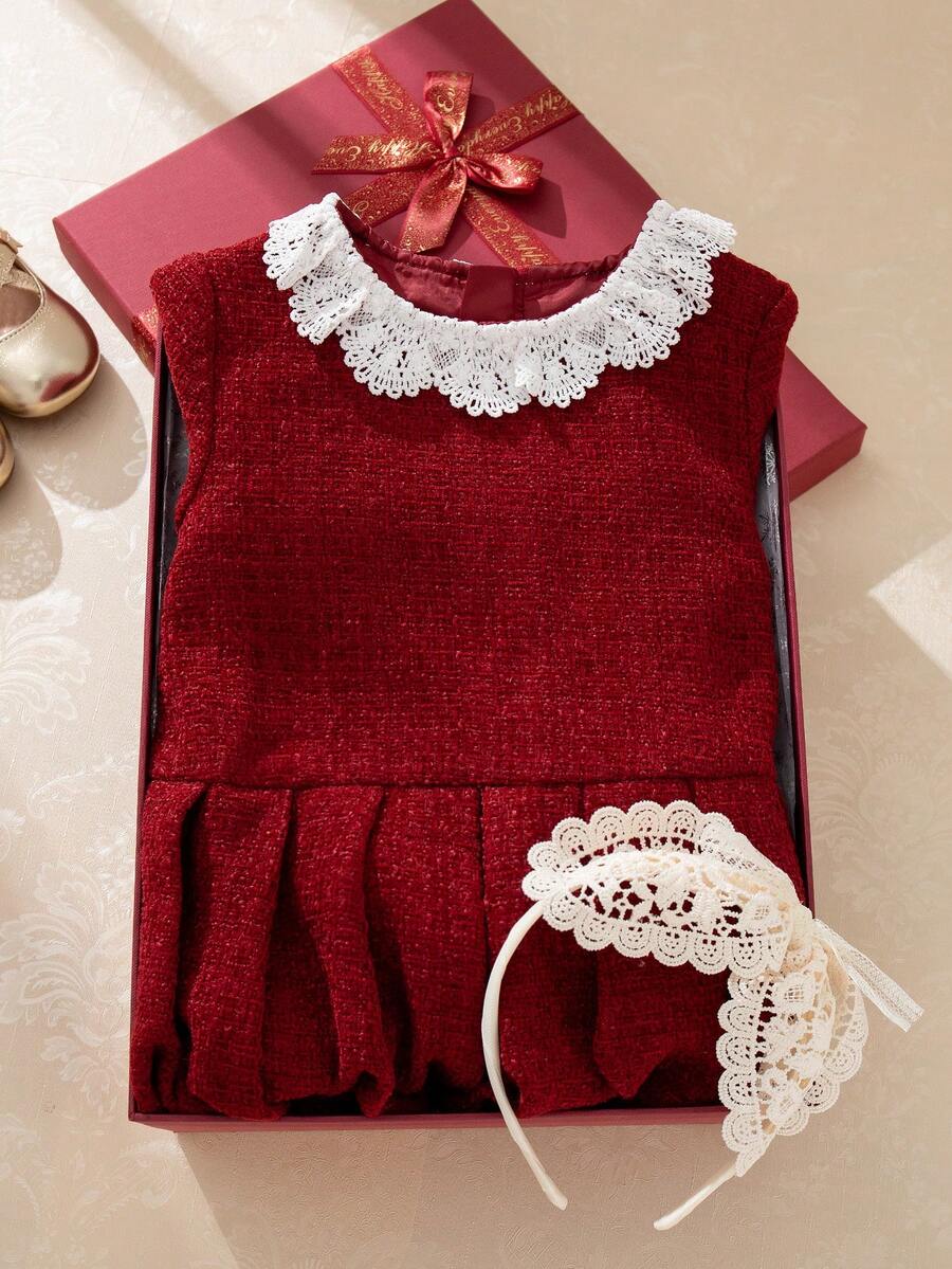 Souflis Souflis Baby Girl Vintage French Style Burgundy Long Sleeve Collared Dress, Suitable For Parties, Outings And Multiple Occasions In Autumn/Winter - Burgundy - View 1