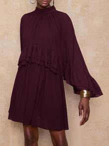 Lumalex VITNOS 新款休闲优雅咖啡色立领双层荷叶边宽松短款连衣裙，女士性感夜店礼服，婚礼宾客礼服，返校礼服，套装 - 酒紅色 - 查看 7