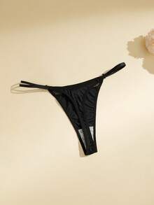 1pc Women's Solid Color Sexy Thin Waist Mesh Splice Thong Panty - Black - View 2