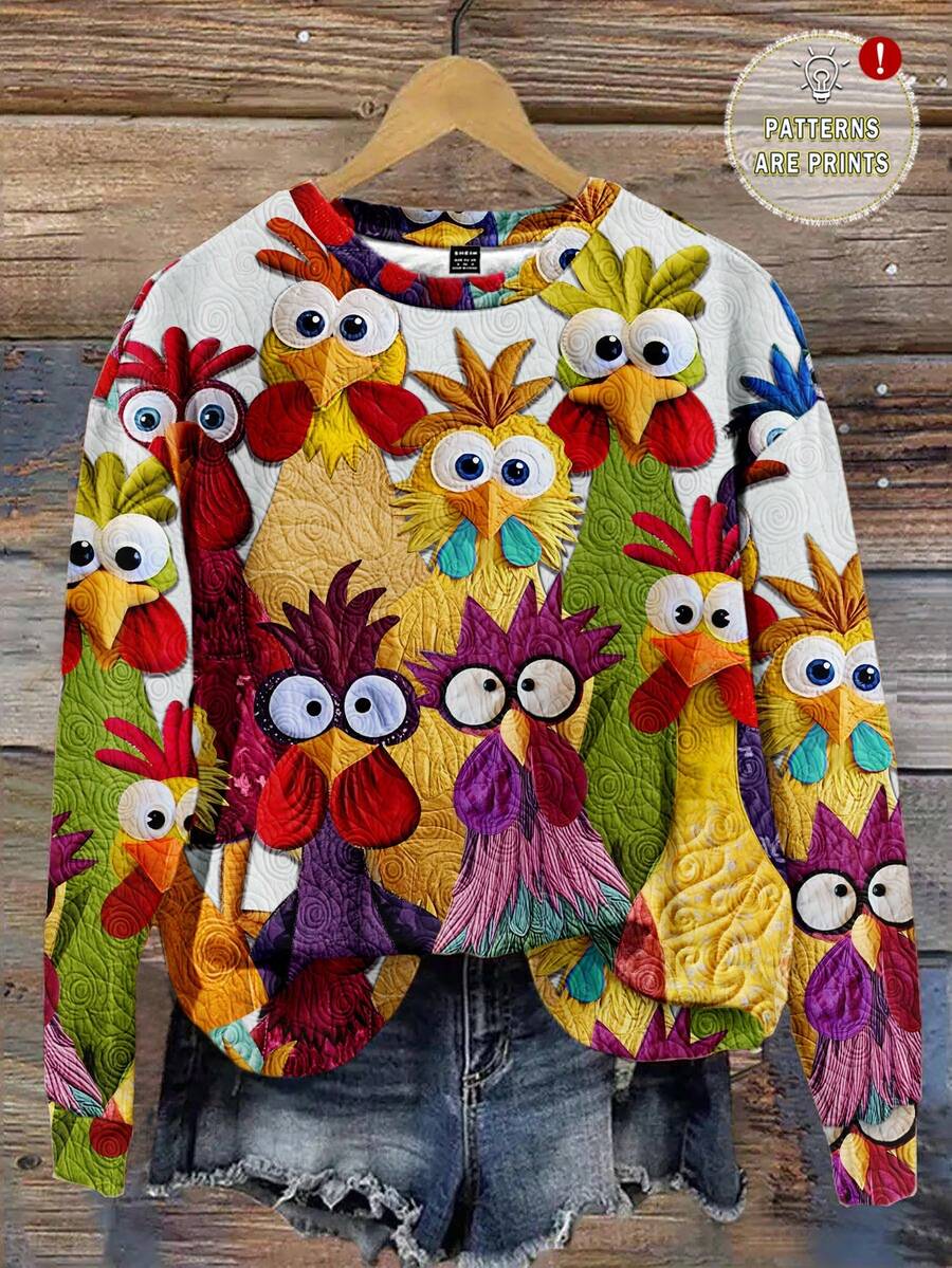 SHEIN LUNE Casual Minimalist Chicken Print Pattern Round Neck Loose Fit Women Sweatshirt, Autumn/Winter, Christmas - Multicolor - View 1