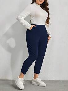 EMERY ROSE Plus Size Women High Waist Pockets Skinny Casual Pants - Navy Blue - View 3