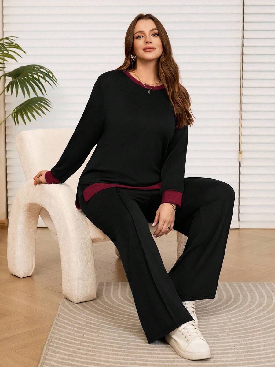 Rosumi Plus Size Women's 2pcs Black Contrast Color Hoodie & Wide Leg Sweatpants Set,Autumn Curve Smart Casual Loungewear With Pockets,Comfortable Lounge Set - Black - View 1
