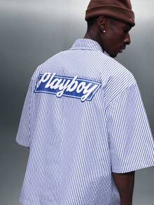 PLAYBOY X SUMWON Men Regular Fit Short Sleeve Striped Button Down Shirt With Logo Back Print Business Casual Collared Top - Navy Blue - View 1