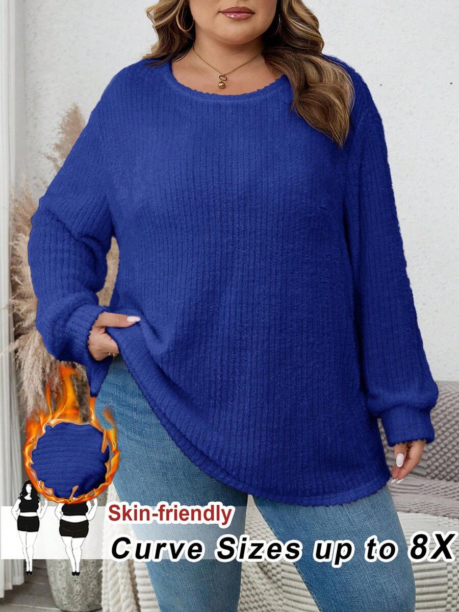 SHEIN CURVE+ 大码户外上衣,大码休闲圆领落肩宽松长袖T恤,秋季大码服装 - 霧霾藍 - 查看 1