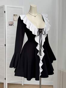 SHEIN EZwear Plus Size Black Ruffled Romantic Dress - Black - View 5