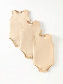 SHEIN Bộ 3 món áo liền thân không tay dệt kim gân thoải mái cho bé trai - Màu Khaki - Xem 1