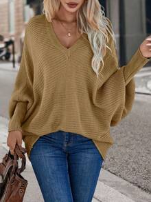 SHEIN LUNE Solid Color Batwing Sleeve V-Neck Loose Knit Pullover Sweater - Mocha Brown - View 6