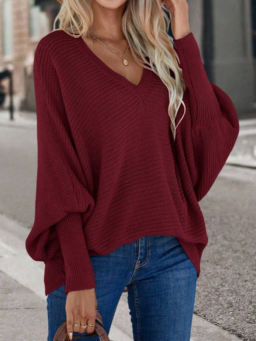 SHEIN LUNE Women's Solid Color V-Neck Batwing Long Sleeve Loose Casual Sweater, Autumn/Winter - Burgundy - View 1