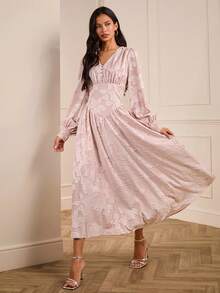 Lilora Robe mi-longue élégante à manches lanternes en jacquard pour femmes, robe Najma, robe à manches lanternes, robe longue à manches, tenue de printemps pour femmes, élégante et - Rose bonbon - Voir 1