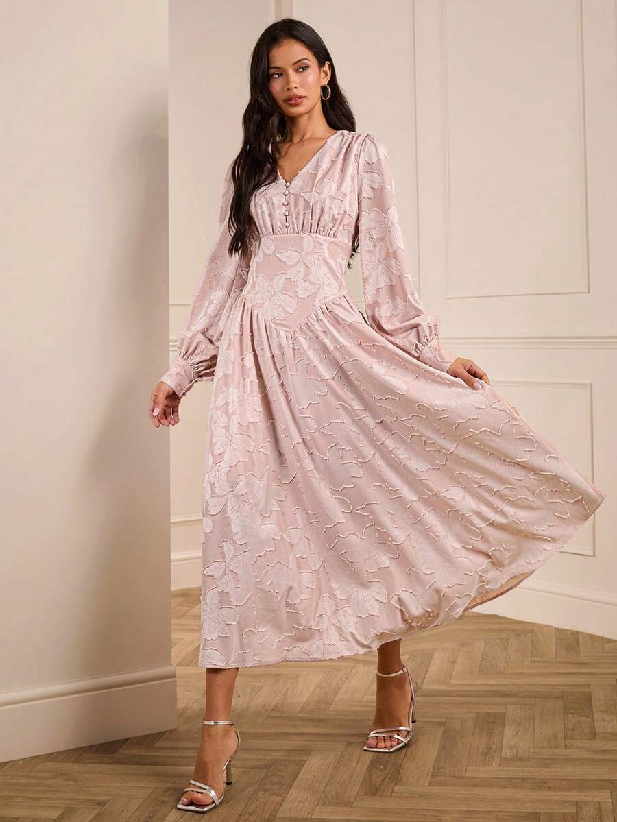 Lilora Robe mi-longue élégante à manches lanternes en jacquard pour femmes, robe Najma, robe à manches lanternes, robe longue à manches, tenue de printemps pour femmes, élégante et - Rose bonbon - Voir 1