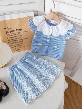Genkimix Kids Girls Cute Embroidered Collar Blouse With Embroidered Striped Fabric And Ruffle Hem Skirt Set