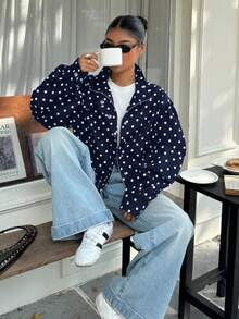 Muchica Navy Blue & White Polka Dot Casual Versatile Commute & Date Jacket, Plus Size, Spring/Summer Fall - Navy Blue - View 5