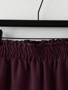 EMERY ROSE Plus Size Women's Solid Color Linen Blend Round Neck Lace Patchwork Full Button Down Casual Comfortable Regular Shirt + Elastic Waist Loose Pants 2 Pieces Set - Burgundy - View 6