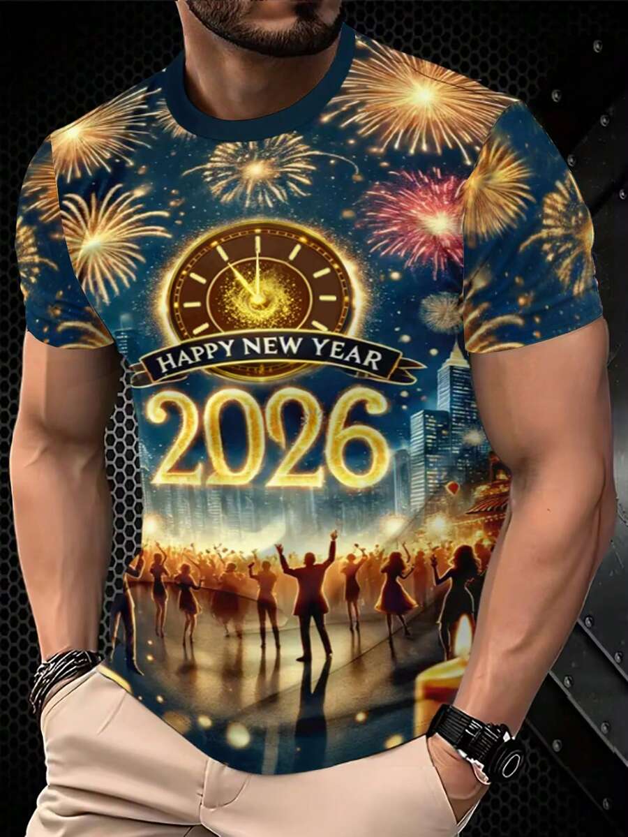 Manfinity Homme 男士时尚3D印花“2026新年快乐”T恤 圣诞上衣 圣诞礼物 男士礼物 圣诞T恤