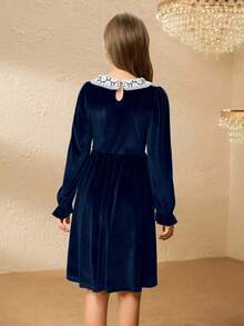 Robe élégante pour préadolescentes avec col en dentelle, patchwork à la taille et velours, convient pour Halloween et Noël - Bleu azur - Voir 2