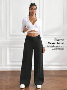 Flexra Women's Casual Versatile Elastic Waist Straight Leg Jeans - Black - View 6