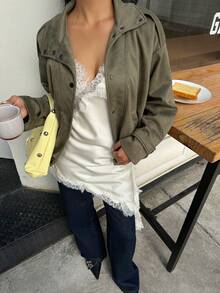 SHEIN EZwear Áo khoác nữ cổ cao tay dài màu xanh lá cây thoáng mát, màu trơn, dáng rộng, thời trang, dáng rộng, tay dài cài nút phía trước - xanh quân đội - Xem 6