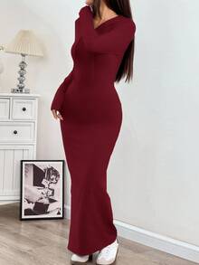 SHEIN EZwear 女士酒红色连帽抽绳腰身修身长袖针织连衣裙，可叠穿，秋冬季 - 玫瑰紅 - 查看 3