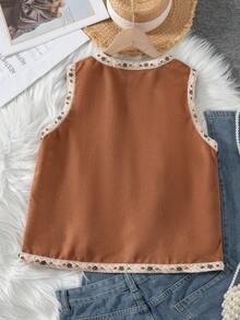 Vintage Embroidered Faux Suede Sleeveless Vest Jacket For Teen Girls - Brown - View 2